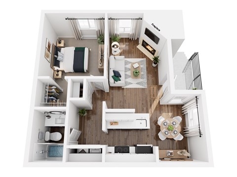 Floor plan for 1 bed, 1 bath, 726 sqft